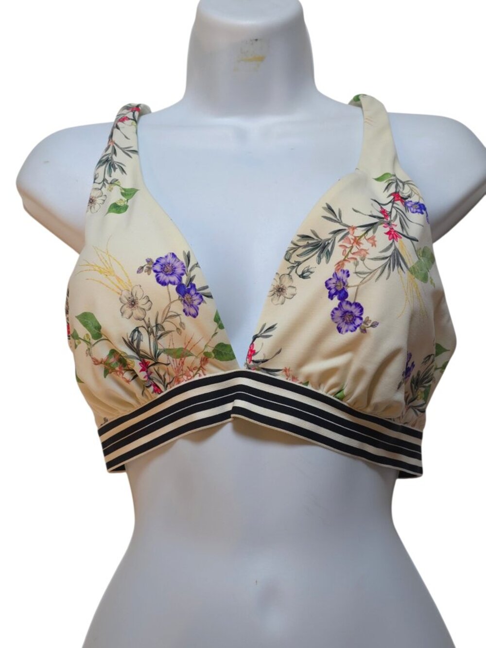 Athleta Gold Coast Floral Bikini Top M Strappy Back Swim Cream Purple